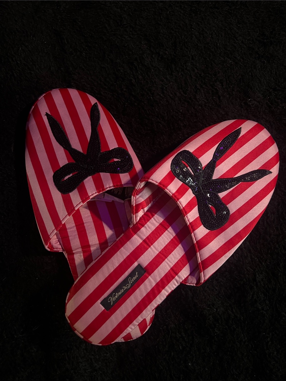 Victoria's Secret Red & Pink Striped Bow Slide Slippers